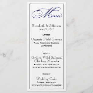 Elegante königsblaue Schrift Hochzeitsmenükarte Menükarte