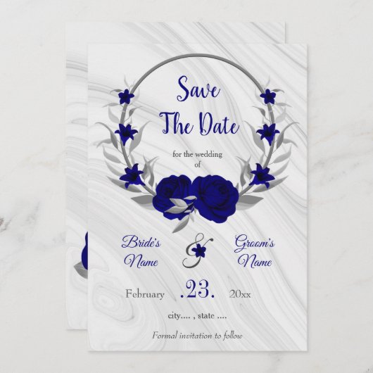 elegante königsblaue silbergraue Blüte rettete das Save The Date (Vorne/Hinten)