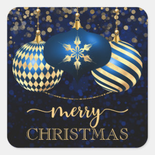 Elegante königsblaue und goldene Christbaumkugeln  Quadratischer Aufkleber