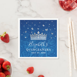 Elegante königsblaue und silberne Kronen-Quinceañe Serviette