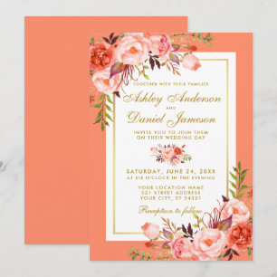 Elegante Korallen-Blumen-Goldene Hochzeitseinladun Einladung
