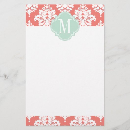 Elegante Korallen Damask Personalisiert Briefpapier (Vorderseite)