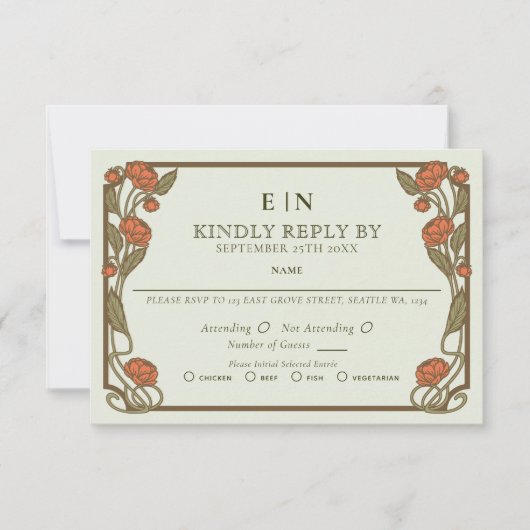 Elegante Korallen-Pfingstrose Art Nouveau Floral H RSVP Karte (Vorderseite)