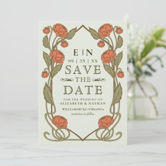 Elegante Korallen-Pfingstrose Art Nouveau Florale Save The Date (Stehend Vorderseite)