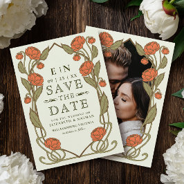 Elegante Korallen-Pfingstrose Art Nouveau Florale Save The Date