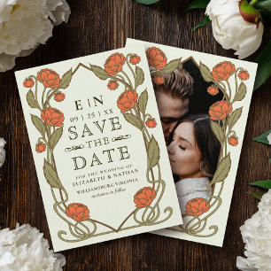 Elegante Korallen-Pfingstrose Art Nouveau Florale Save The Date