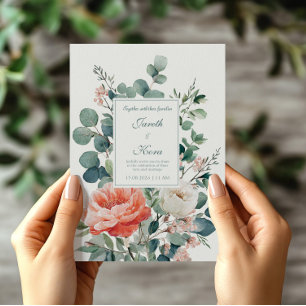 Elegante Korallen-Pfingstrose Eukalyptus Aquarell Einladung