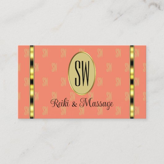 Elegante Korallen und Beige mit Monogram Gemustert Visitenkarte (Vorderseite)