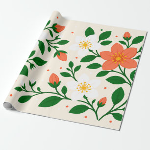 Elegante Korallen- und weiße Blumen mit grünem Lau Geschenkpapier