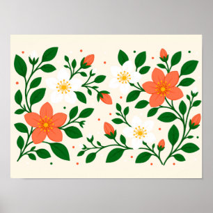 Elegante Korallen- und weiße Blumen mit grünem Lau Poster