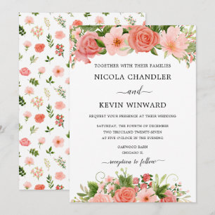 Elegante Korallenrosen Florale Hochzeit Einladung