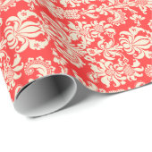 Elegante Korallenrot- und Cremfloral-Damasken Geschenkpapier (Rolleneckpunkt)