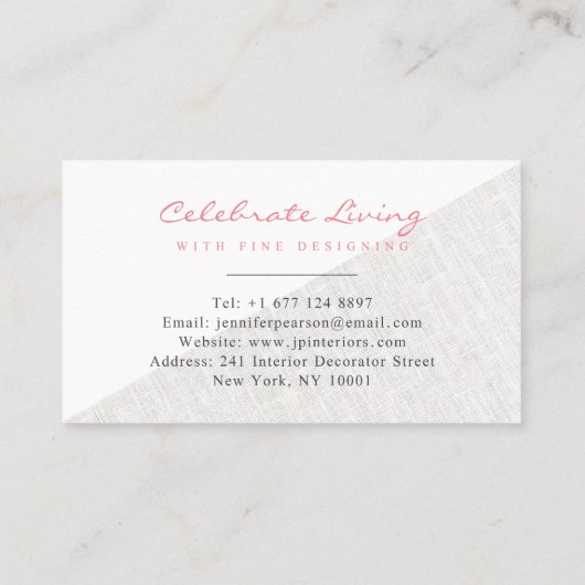 Elegante Korallenschrift, moderner Beige-Leinen-Fa Visitenkarte (Rückseite)