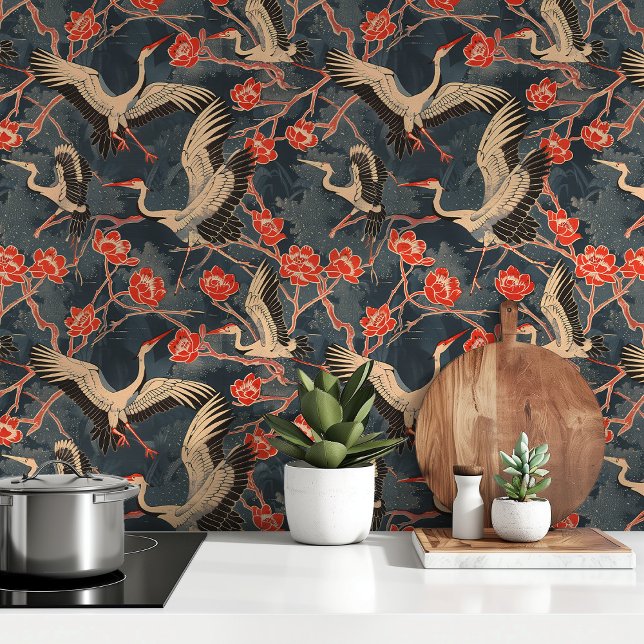 Elegante Krane und rote Blüten Tapete (Von Creator hochgeladen)