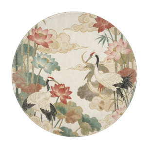 Elegante Kraniche Lotus Bambus Orient Szenario Schneidebrett