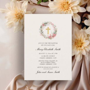 Elegante Kreuz Rosa Blumen Mädchen Taufkleid Einladung