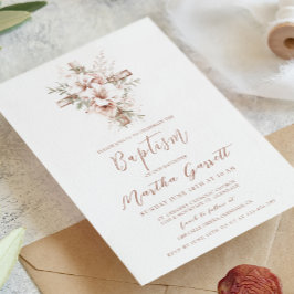 Elegante Kreuz- und Rosati-Blume Taufe für Mädchen Einladung