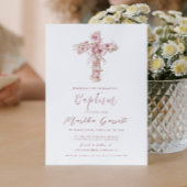 Elegante Kreuz- und Rosati-Blume Taufe für Mädchen Einladung