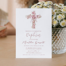 Elegante Kreuz- und Rosati-Blume Taufe für Mädchen Einladung
