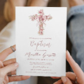Elegante Kreuz- und Rosati-Blume Taufe für Mädchen Einladung