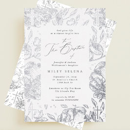 Elegante Kreuzkalligrafie Blumensilbertaufen Folieneinladung