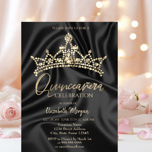 Elegante Krone aus schwarzem Satin für Quinceañera Einladung