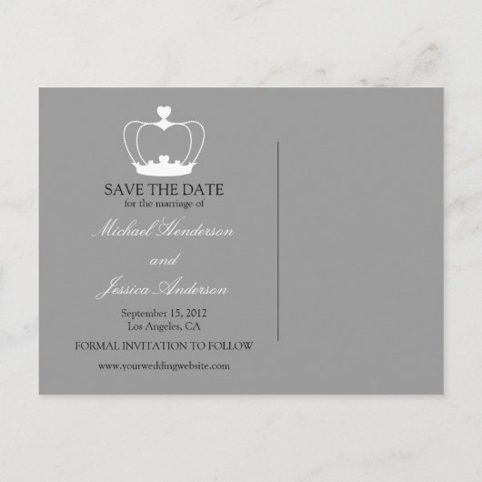 Elegante Krone Save the Date Postkarte - Grau (Rückseite)