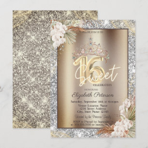 Elegante Kronenblumen funkeln Glitter Sweet 16 Einladung