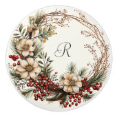 Elegante Kruste Weiße Blume KiefernzweigeBerries Keramikknauf (Vorderseite)