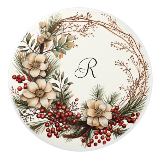 Elegante Kruste Weiße Blume KiefernzweigeBerries Keramikknauf (Vorderseite)