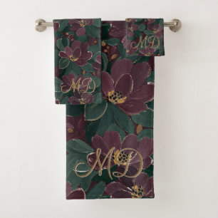Elegante künstlerische florale Smaragd-Pflaume-Gol Badhandtuch Set