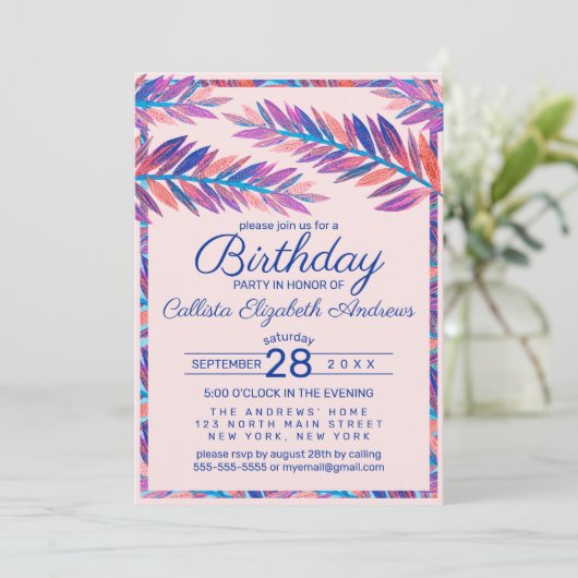 Elegante kunsttropische Blätter Acrylic Geburtstag Einladung (Stehend Vorderseite)
