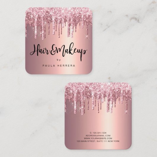 Elegante Kupfer-Rose Gold Glitzer Tropfen Haarschm Quadratische Visitenkarte (Vorne/Hinten)