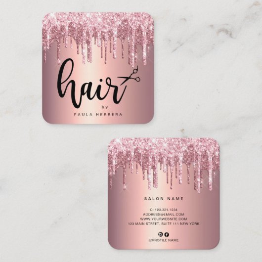 Elegante Kupfer Rose Gold Glitzer Tropfen Haarstyl Quadratische Visitenkarte (Vorne/Hinten)
