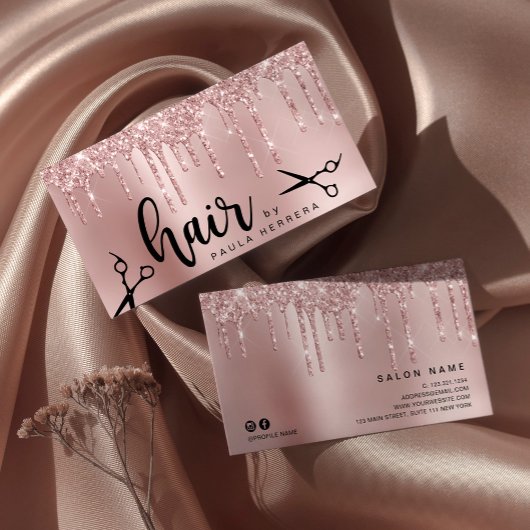 Elegante Kupfer Rose Gold Glitzer Tropfen Haarstyl Visitenkarte