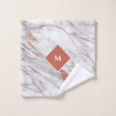 Elegante Kupfer-Rose Gold und Weißmarmor |Monogram Badhandtuch Set (Waschlappen)