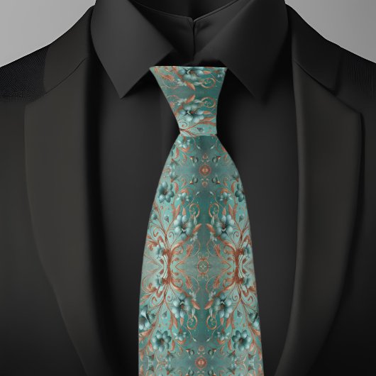 Elegante Kupfer und Türkis Minimale Blume Krawatte