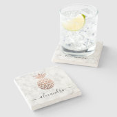 Elegante Kupferkiefer-Rose, weißer Marmor Steinuntersetzer (Seitenansicht)