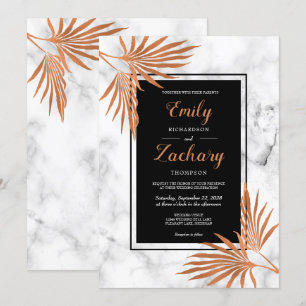 Elegante Kupfermarmor-Schwarz-Weiß-Tropenhochzeit Einladung