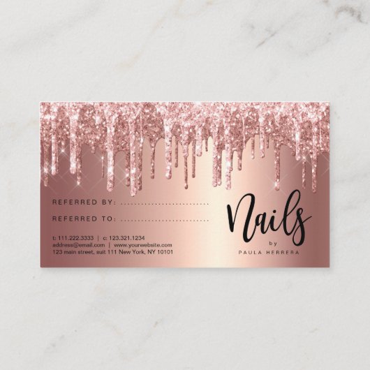 Elegante Kupfernageln der Rose Gold Glitzer Tropfe Empfehlungskarte (Rückseite)
