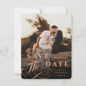 Elegante Kupfertypografie mit Marmorrücken-Foto Save The Date (Vorderseite)