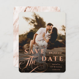 Elegante Kupfertypografie mit Marmorrücken-Foto Save The Date