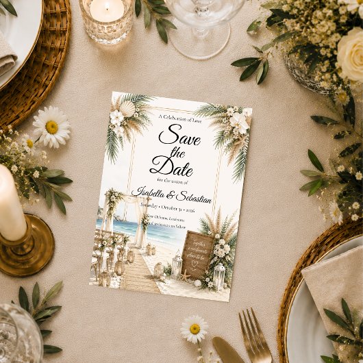 Elegante Küsten-Boho-Romantik-Hochzeit Save The Date