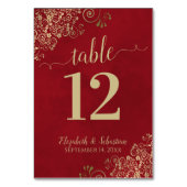 Elegante Lacy Gold Calligraphy Crimson Red Wedding Tischnummer (Rückseite)