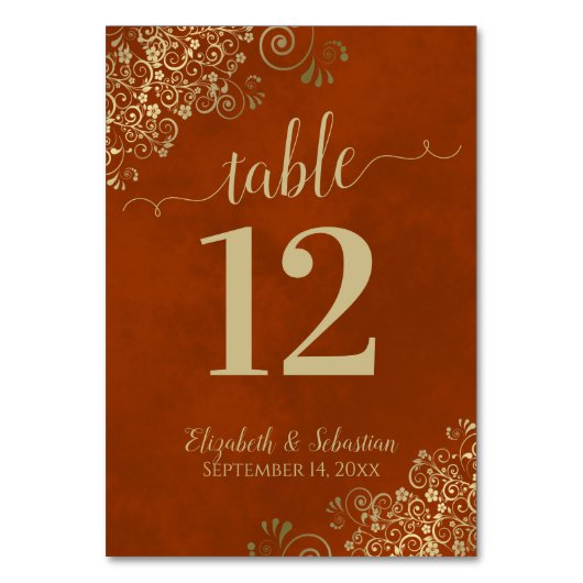 Elegante Lacy Gold Calligraphy Rust Orange Wedding Tischnummer (Rückseite)