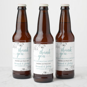 Elegante Lacy Gray, Aquamarin & White Wedding Viel Bierflaschenetikett