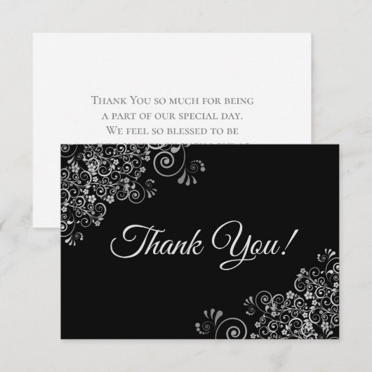 Elegante Lacy Silver & Black Simple Wedding Dankeskarte (Vorne/Hinten)