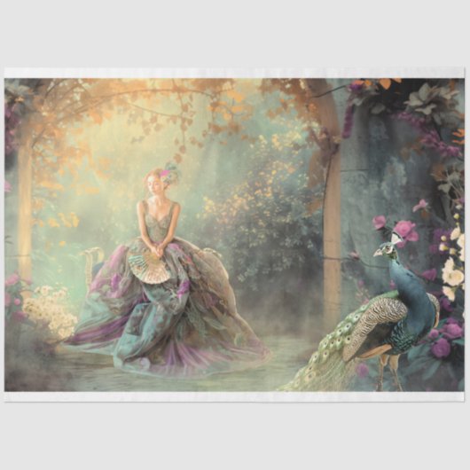 Elegante Lady & a Peacock, lebhaftes Porträt Seidenpapier (Vorderseite)