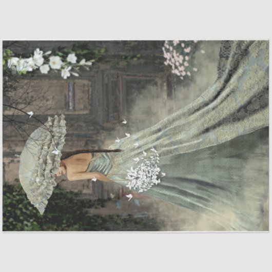 Elegante Lady Green Kleid Parasol Old Door Floral Seidenpapier (Vorderseite)