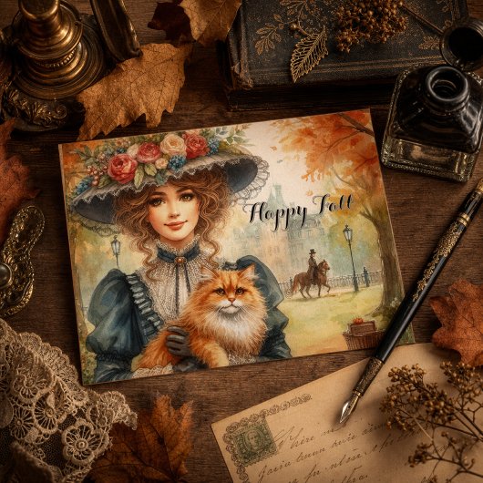 Elegante Lady mit Cat Happy Fall Postkarte